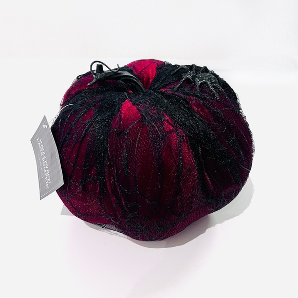 NWT Dark Red Velvet Spiderweb Lace Glitter Embellished Halloween Decor Pumpkin - Picture 4 of 15